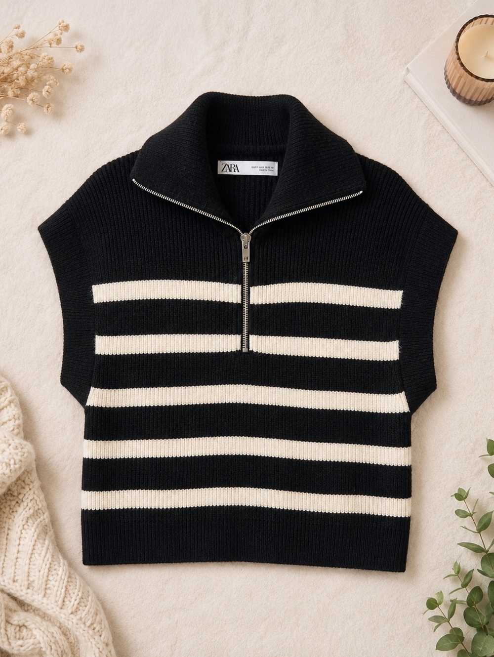 ZARA Black and White Striped Knit Sweater Vest Small Half Zip